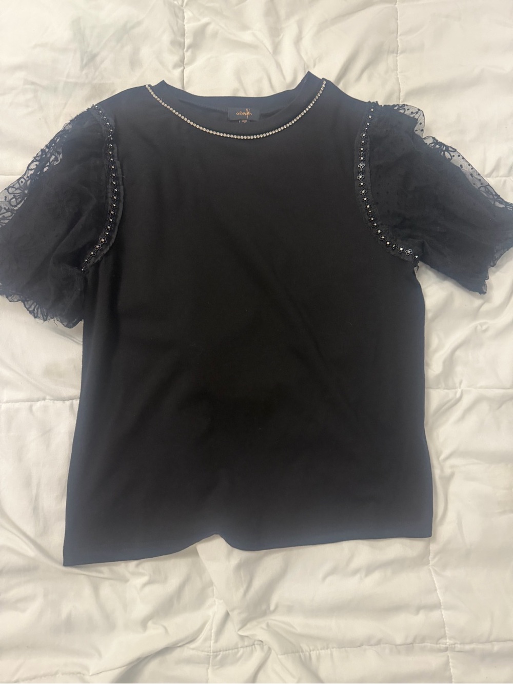 Black Lace Sleeve Embellished Women's Top
